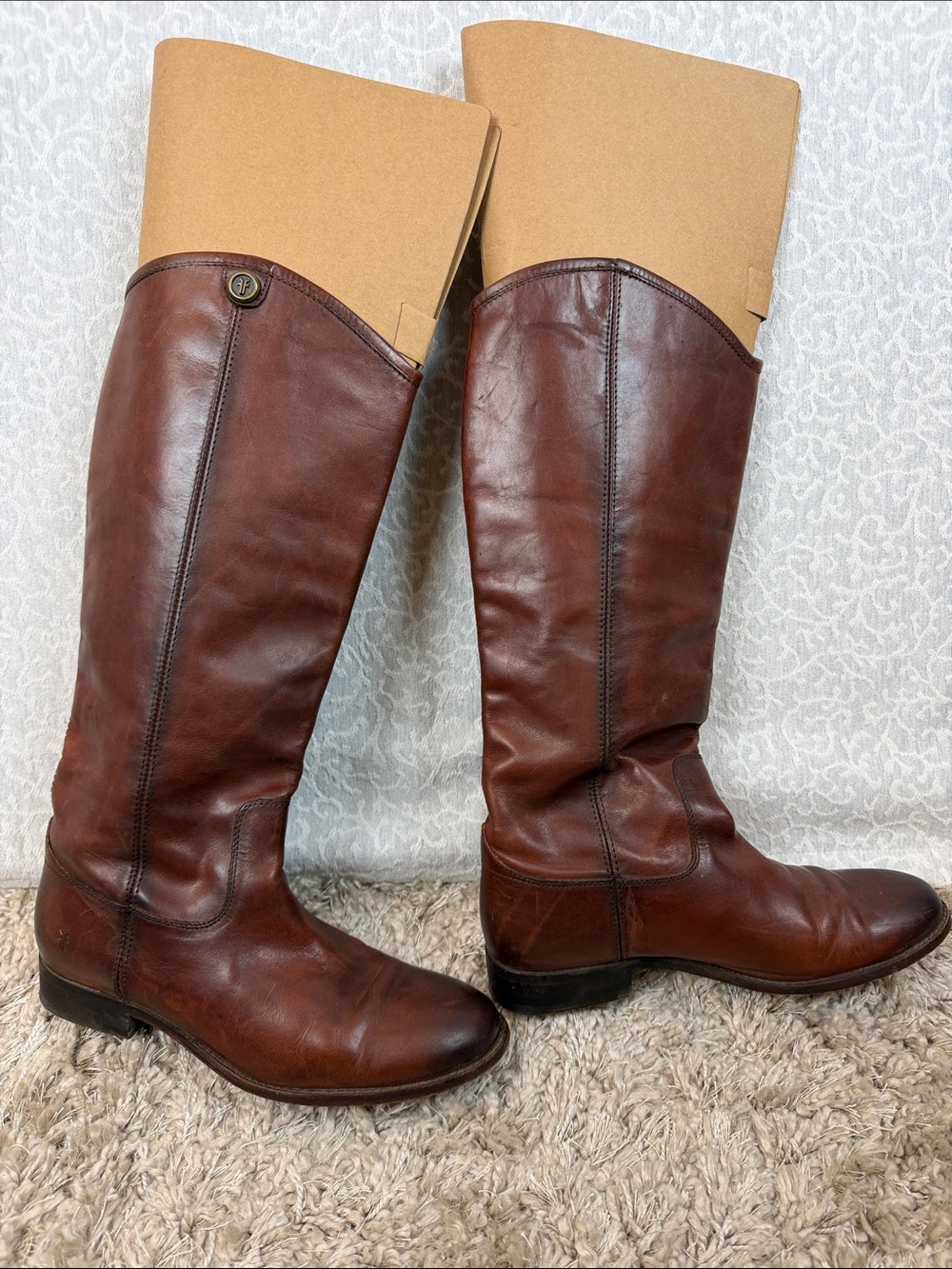 Frye Brown MELISSA BUTTON 2Leather Riding Boots Sz. 8.5 B Pull on Flats